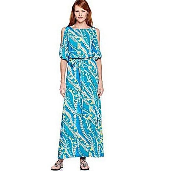 NIKKI POULOS, Turquoise/lime green print cold shoulder maxi Hydra dress - Picture 4 of 15
